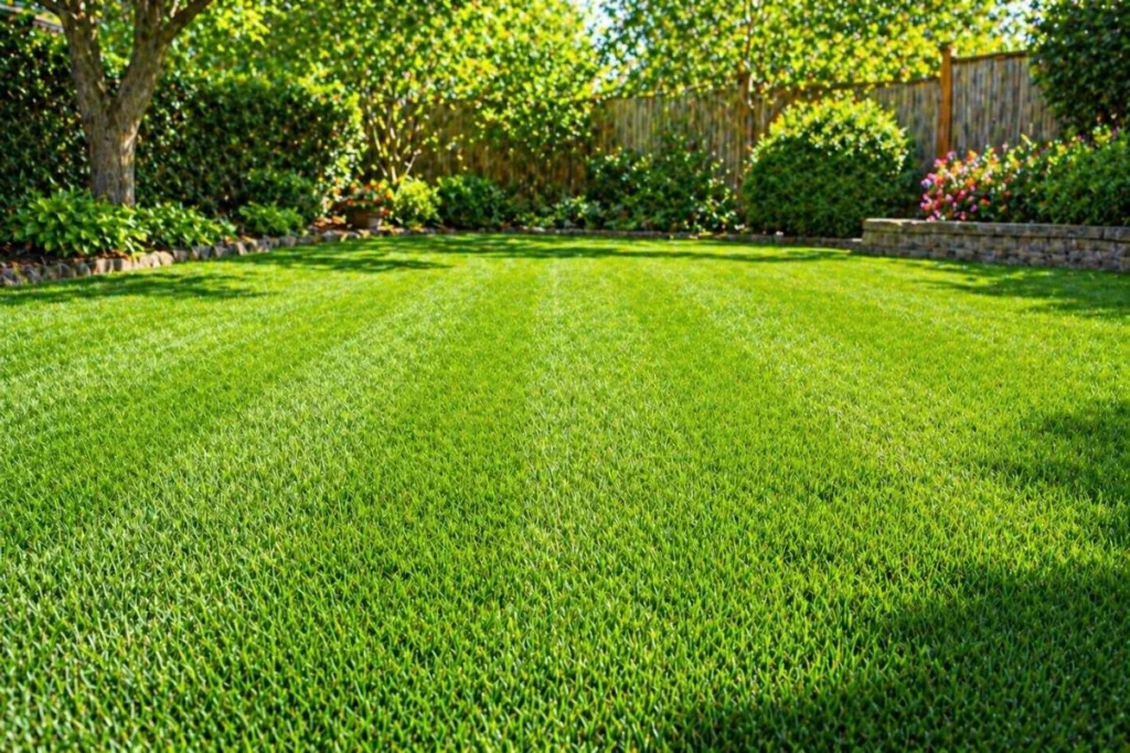 healthy green lawn with proper maintenance and care