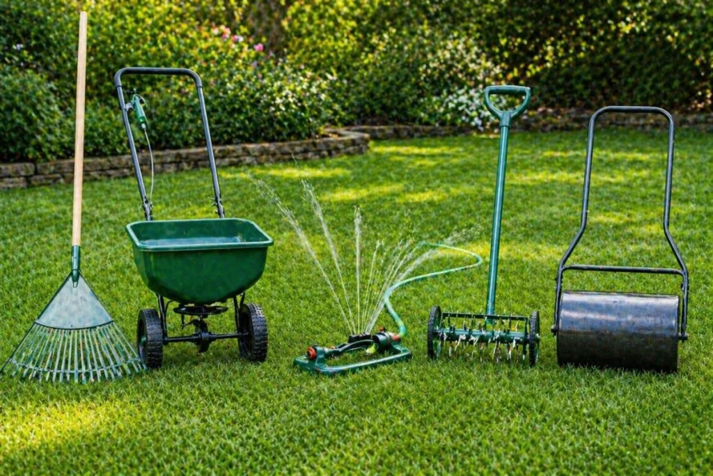lawn care tools including rake spreader sprinkler and aerator
