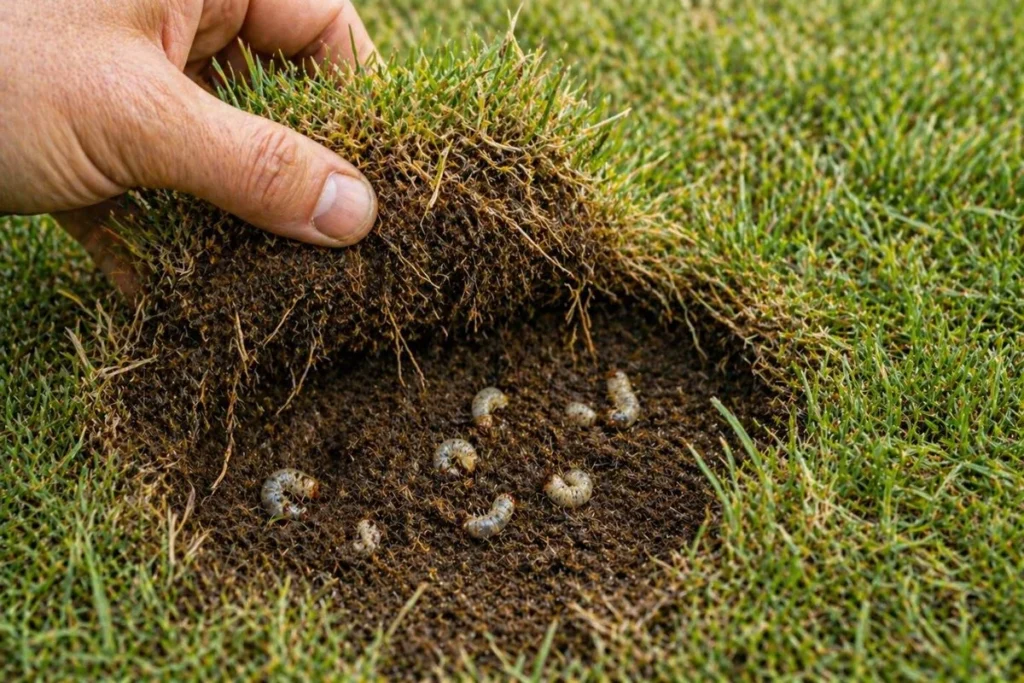 lawn grub damage showing grass roots and white grubs in soil