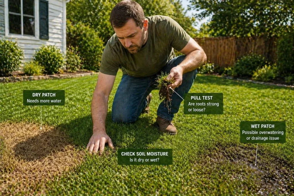 person checking lawn problem by touching grass and soil