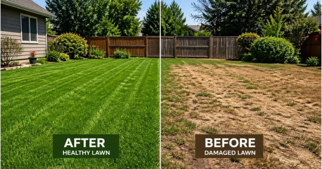 lawn problems and solutions before and after comparison healthy vs damaged grass