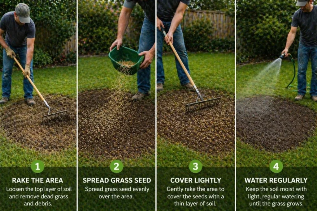 lawn repair steps raking soil seeding and watering grass
