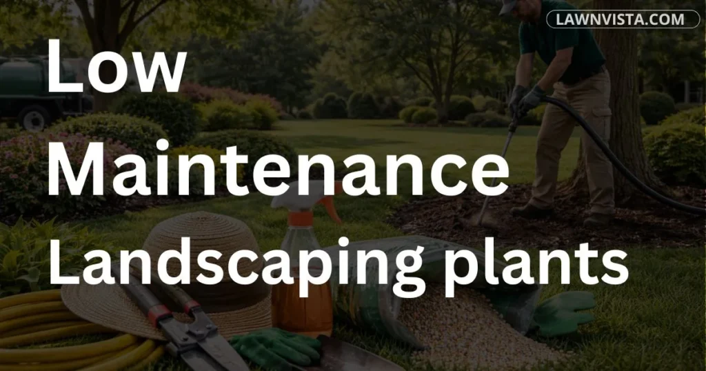 low maintenance landscaping plants in a clean suburban garden with shrubs and flowers