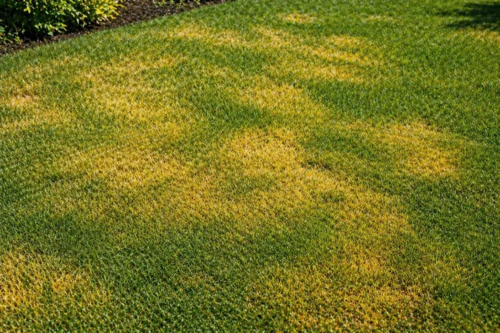 yellow grass lawn caused by nutrient deficiency or watering issues