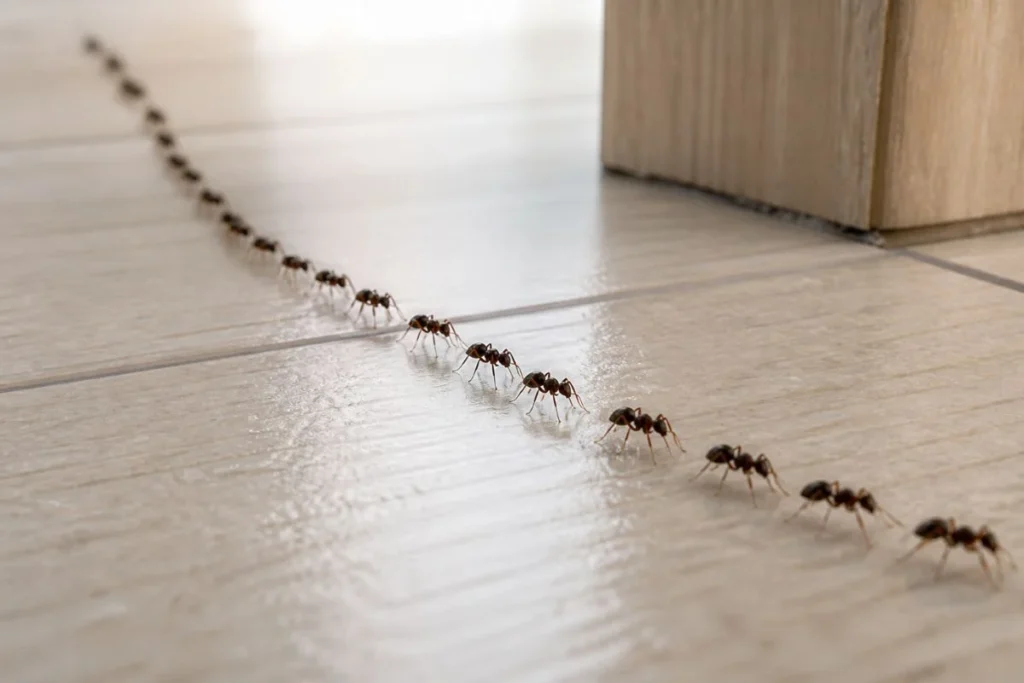 ants forming a trail line inside a house