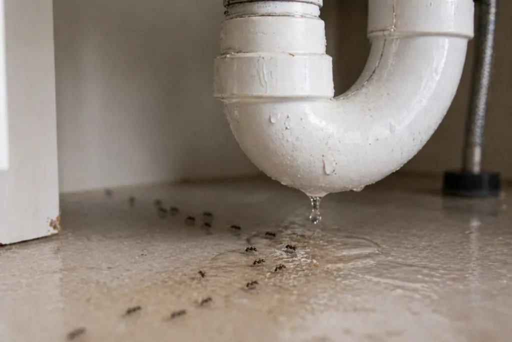 ants near leaking pipe under sink