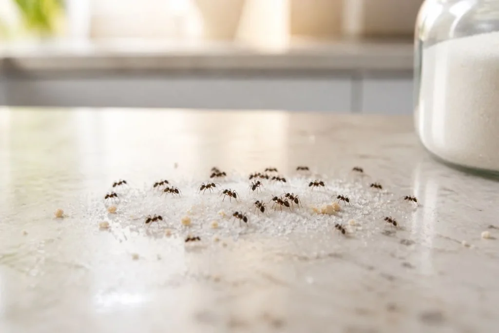ants attracted to food crumbs on kitchen surface
