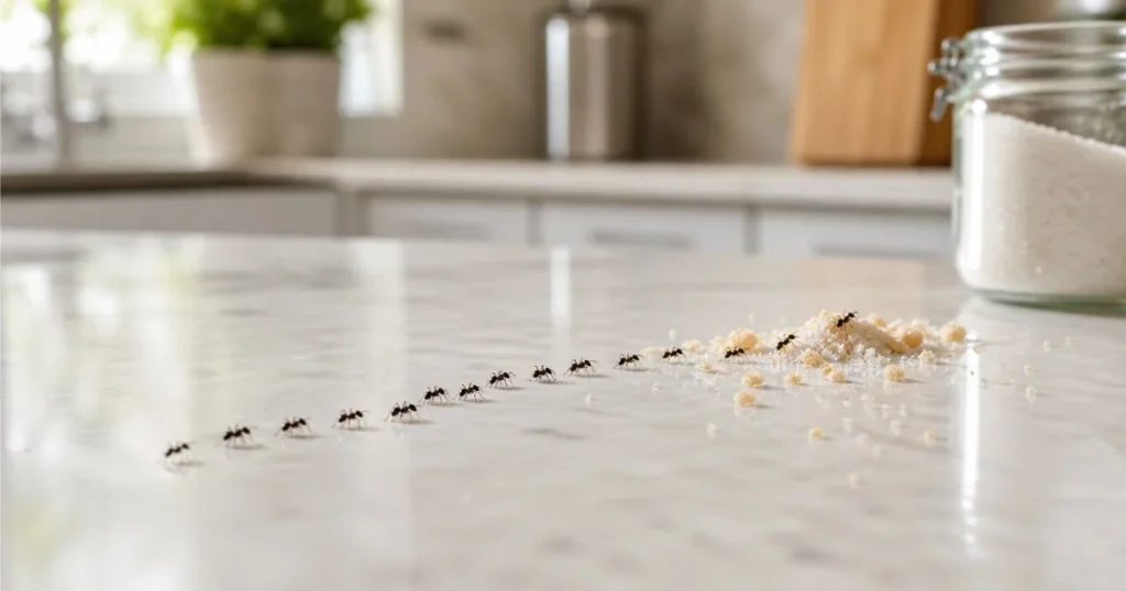 ants walking on kitchen counter near food crumbs inside a house